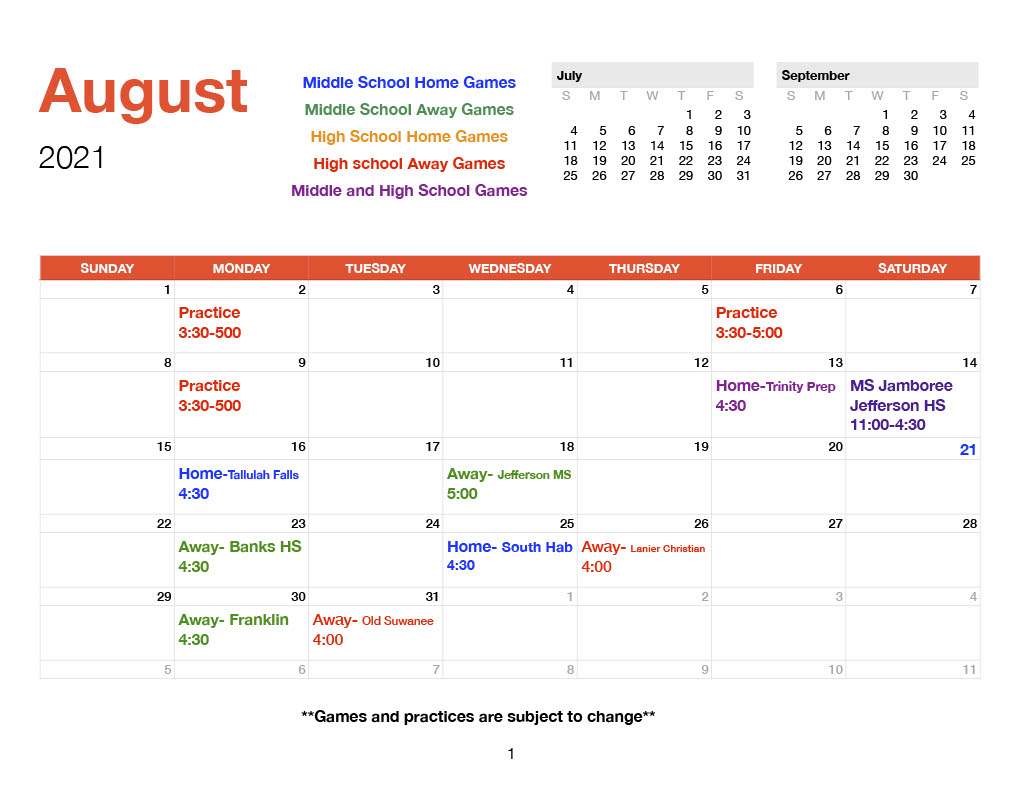 August 2021 TCS Volleyball Schedule